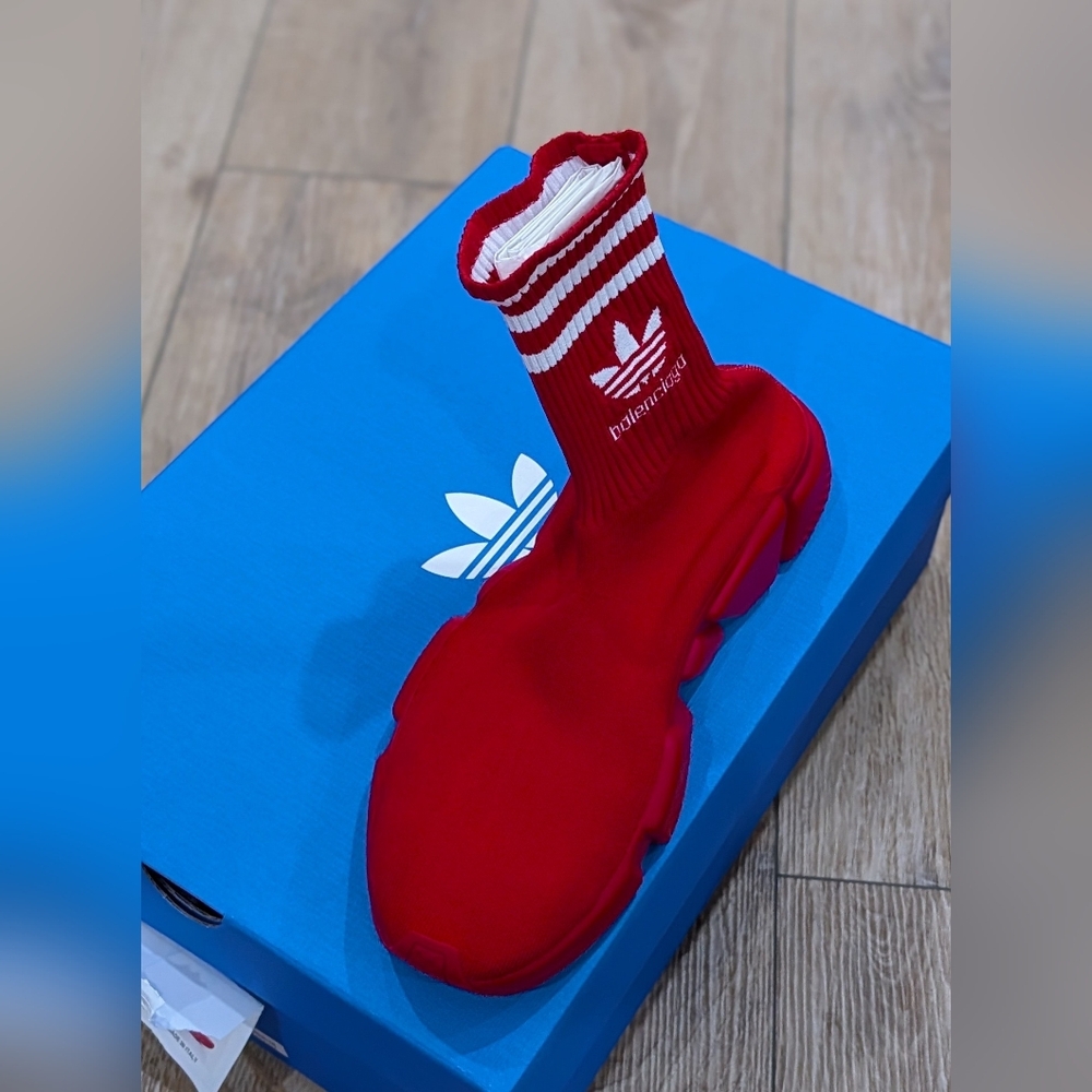 $995 Men's Balenciaga x Adidas Speed Knit Sock Sneakers Red/White 43 US 10 - Picture 2 of 9
